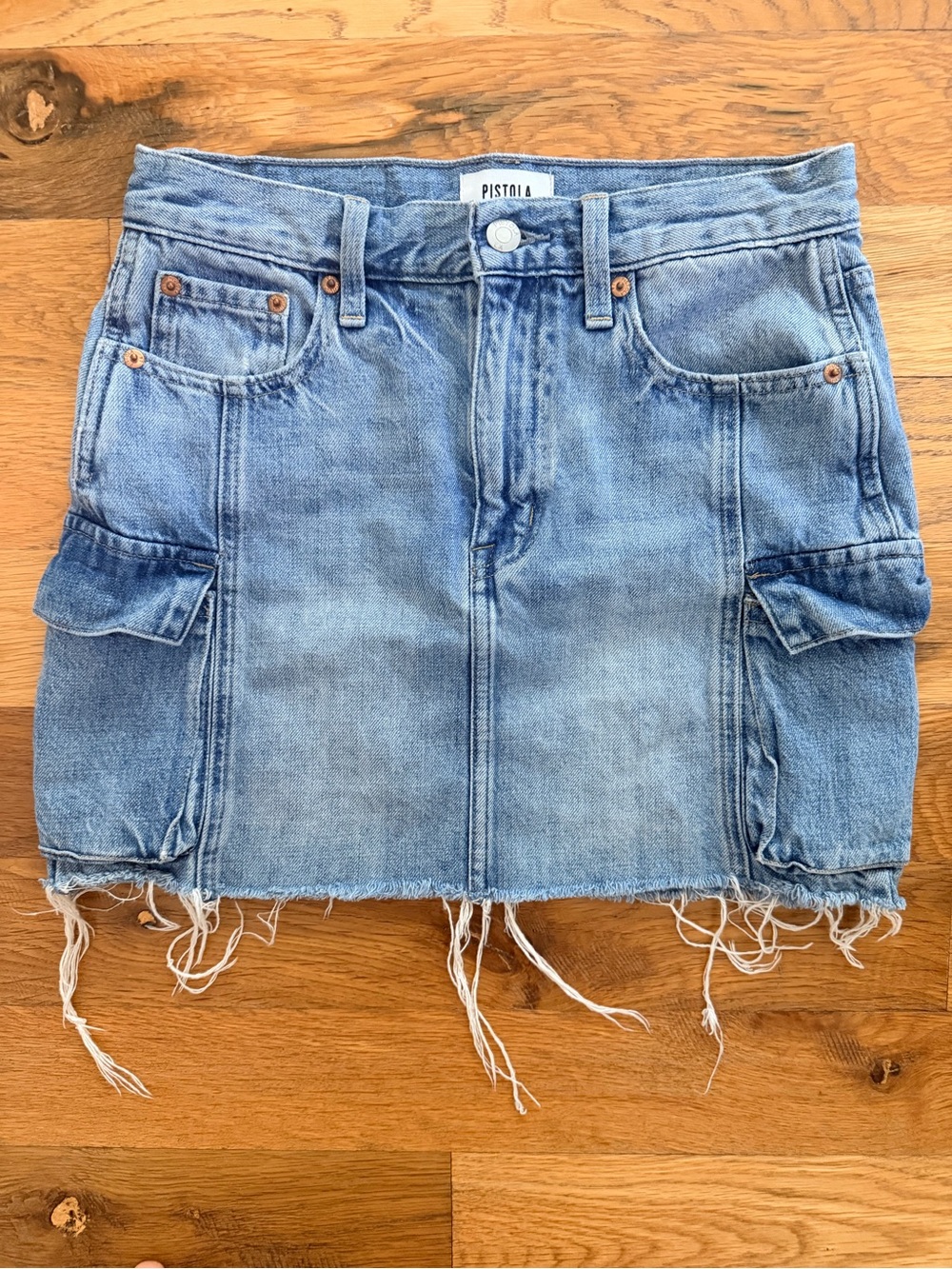 pistola Distressed Light Blue Denim Cargo Mini Skirt